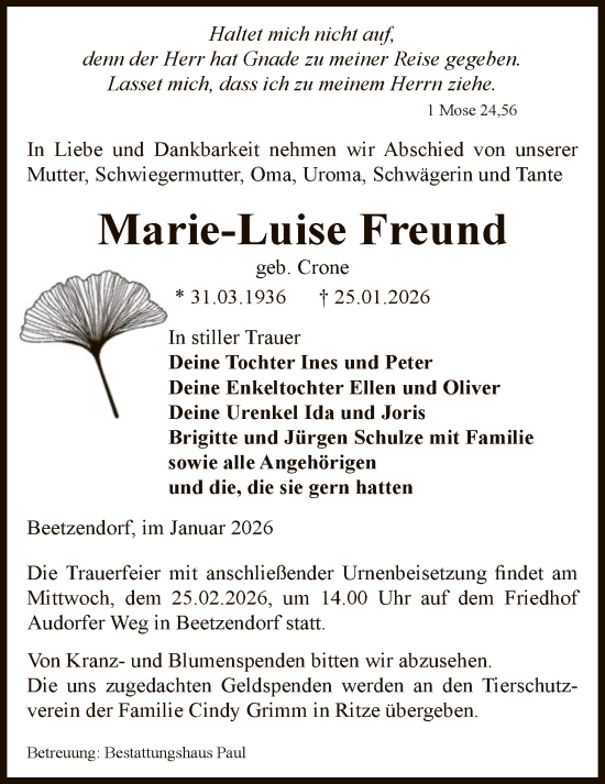 Traueranzeige von Marie-Luise Freund von AMZ