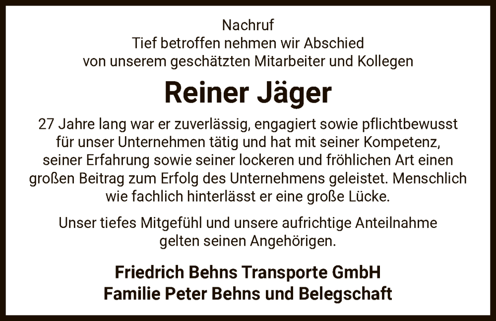 Traueranzeige für Reiner Jäger vom 31.01.2026 aus AZ
