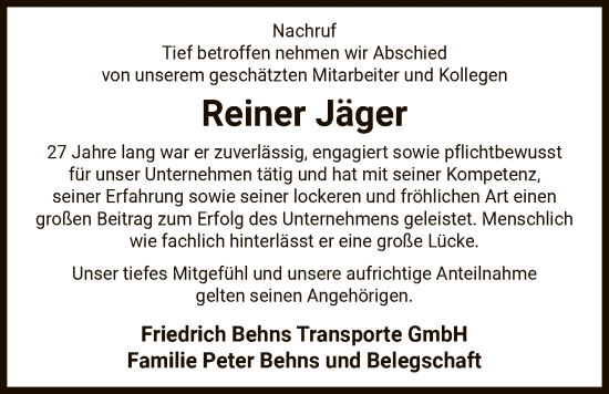 Traueranzeige von Reiner Jäger von AZ