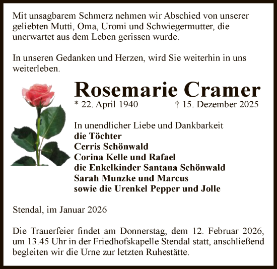 Traueranzeige von Rosemarie Cramer von AMZ
