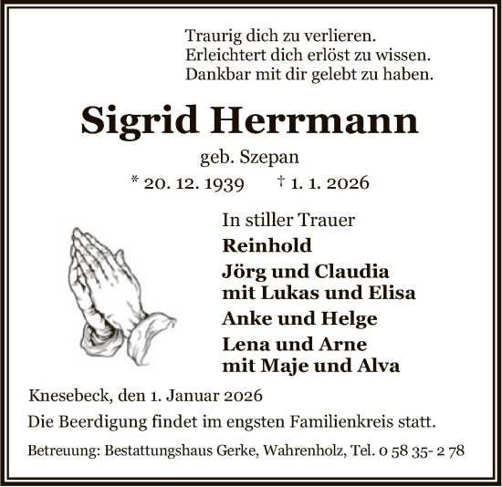 Traueranzeige von Sigrid Herrmann von IK