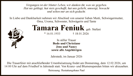 Traueranzeige von Tamara Feniuk von AMZ