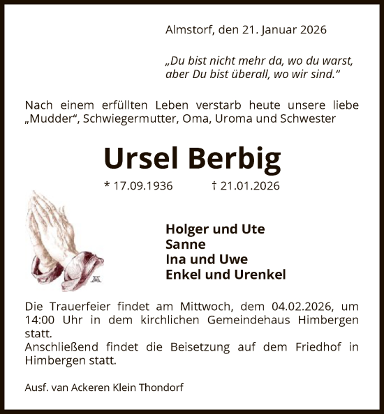 Traueranzeige von Ursel Berbig von AZ
