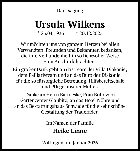 Traueranzeige von Ursula Wilkens von IK