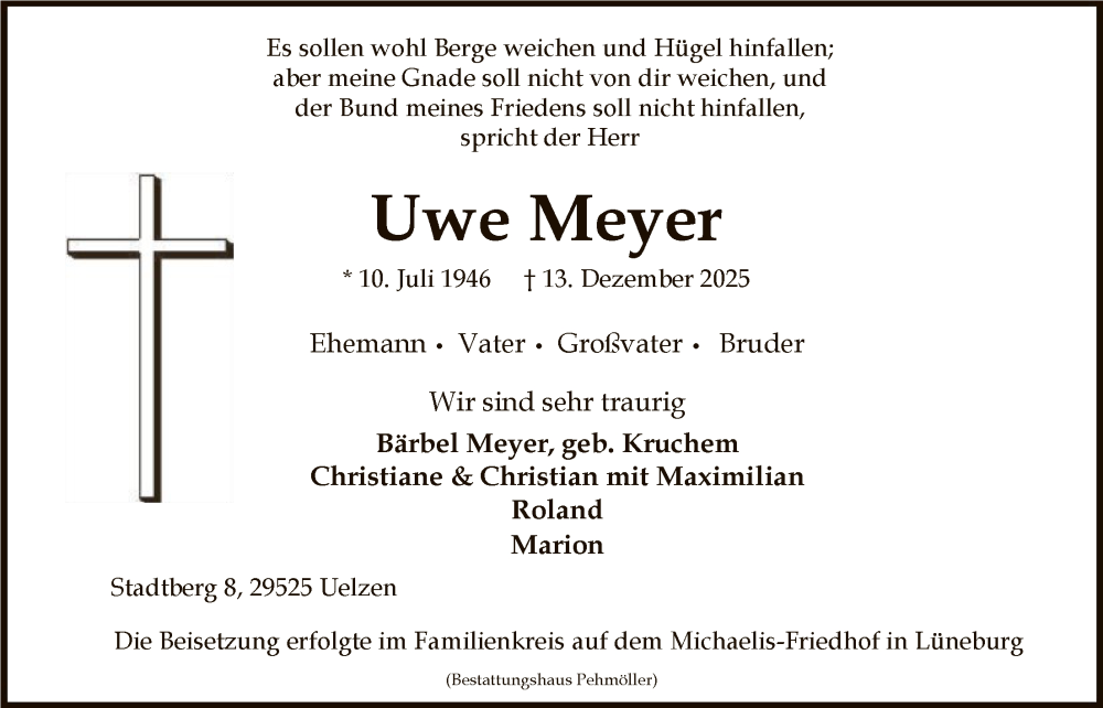  Traueranzeige für Uwe Meyer vom 19.01.2026 aus AZ