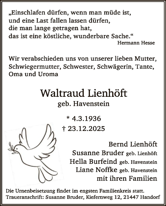 Traueranzeige von Waltraud Lienhöft von AZ