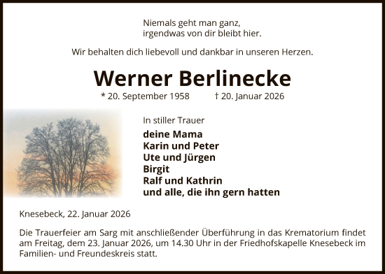Traueranzeige von Werner Berlinecke von IK