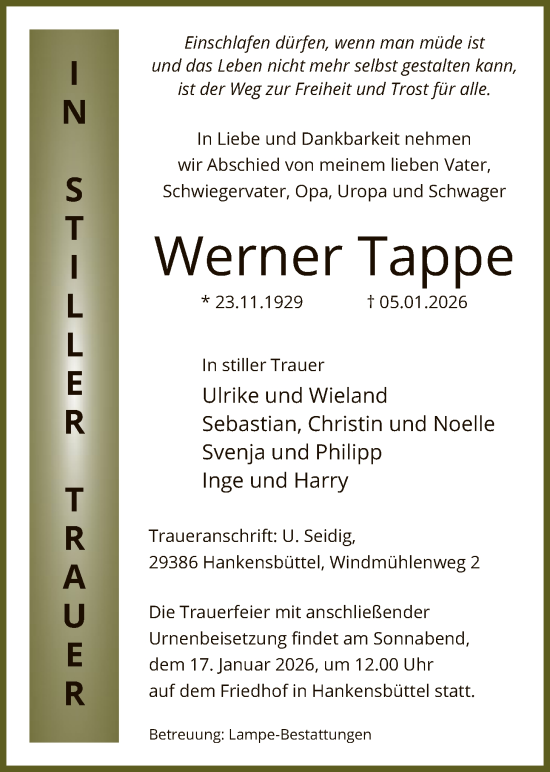 Traueranzeige von Werner Tappe von IK