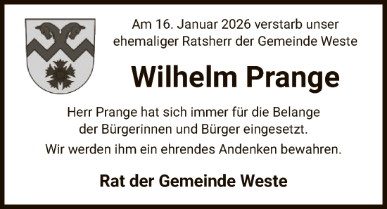 Traueranzeige von Wilhelm Prange von AZ