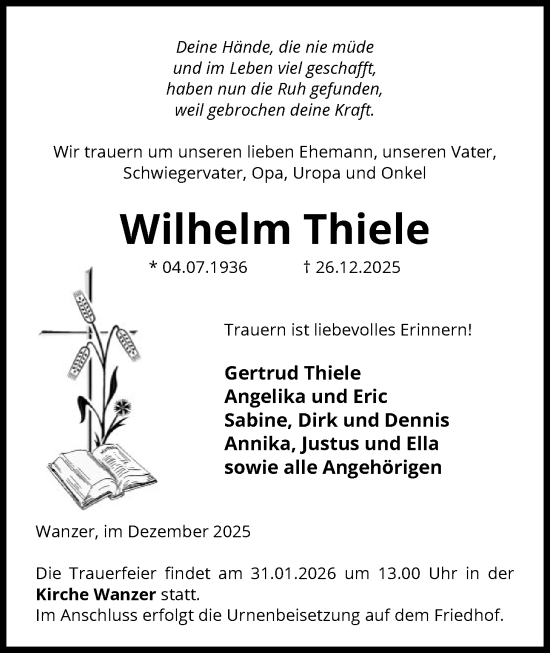 Traueranzeige von Wilhelm Thiele von AMZ