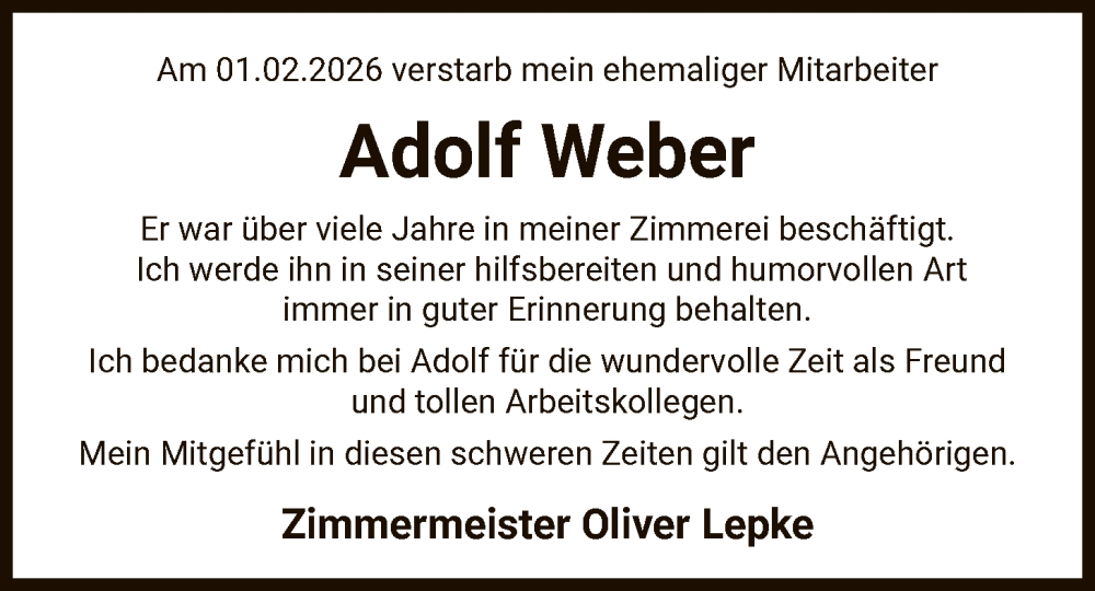  Traueranzeige für Adolf Weber vom 06.02.2026 aus IK