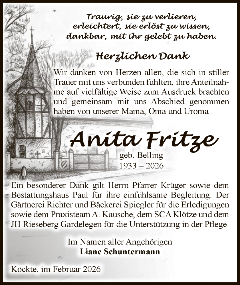  Traueranzeige für Anita Fritze vom 07.02.2026 aus AMZ