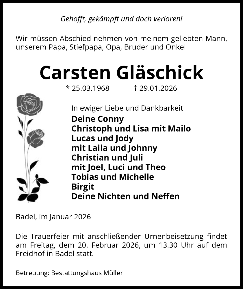  Traueranzeige für Carsten Gläschick vom 04.02.2026 aus AMZ