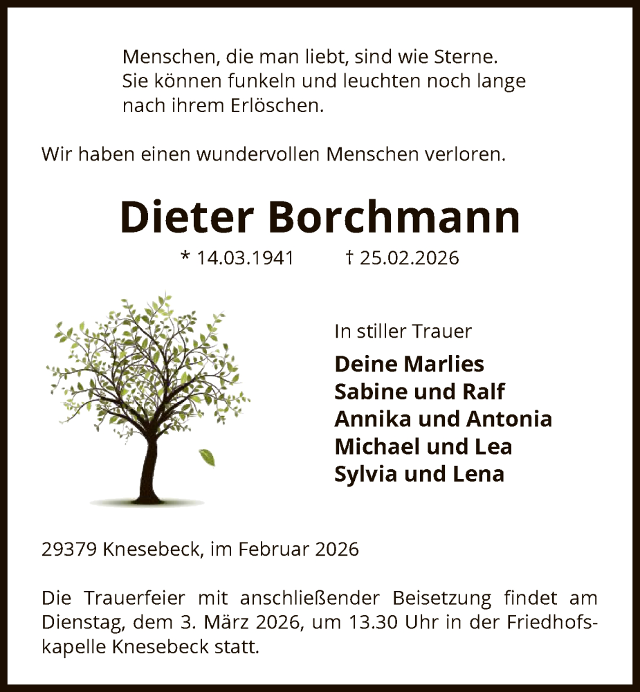  Traueranzeige für Dieter Borchmann vom 27.02.2026 aus IK