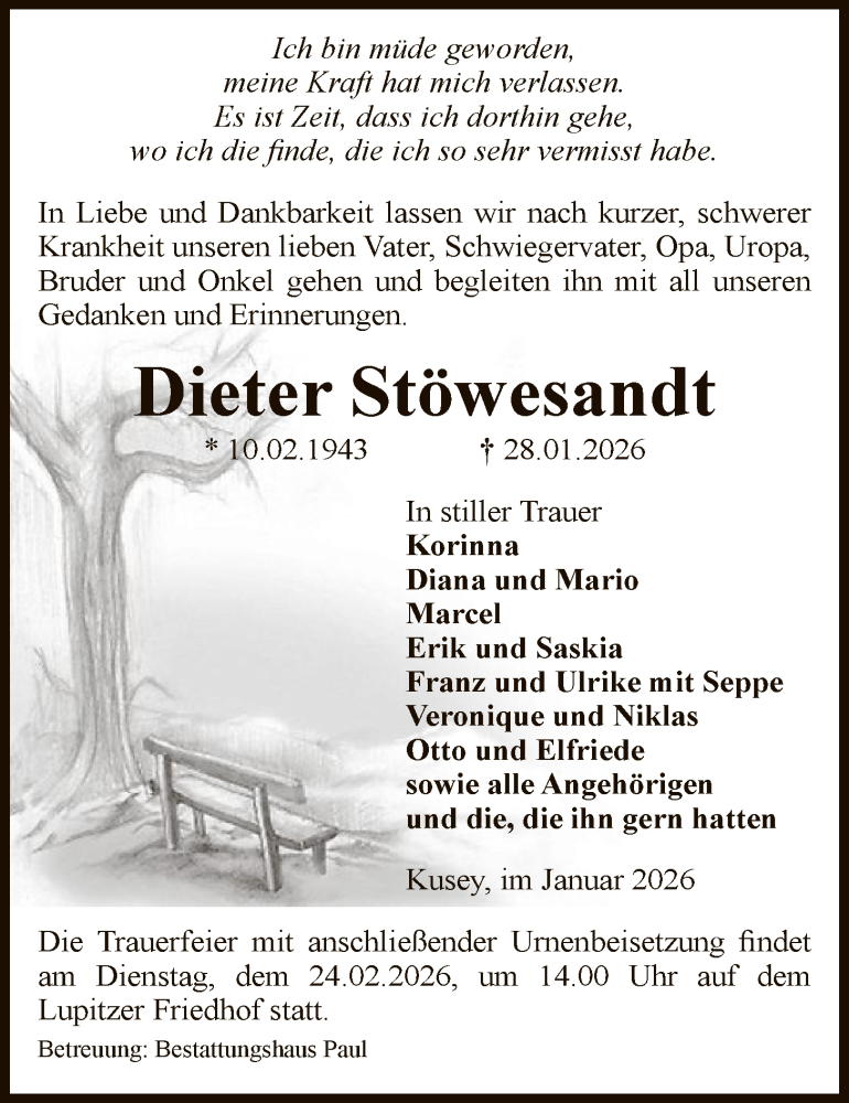  Traueranzeige für Dieter Stöwesandt vom 03.02.2026 aus AMZ