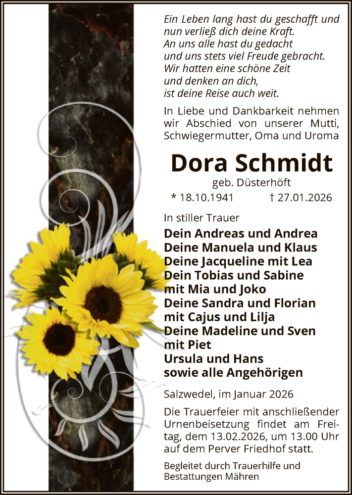 Traueranzeige für Dora Schmidt vom 04.02.2026 aus AMZ