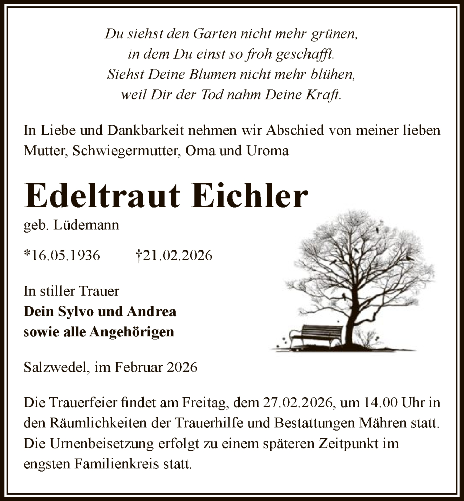  Traueranzeige für Edeltraut Eichler vom 25.02.2026 aus AMZ