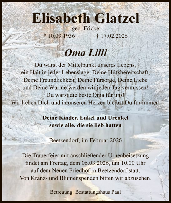 Traueranzeige von Elisabeth Glatzel von AMZ