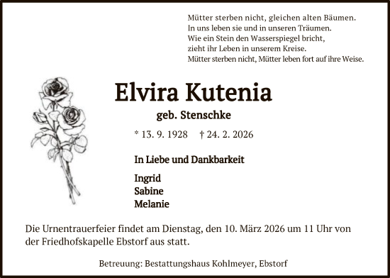 Traueranzeige von Elvira Kutenia von AZ