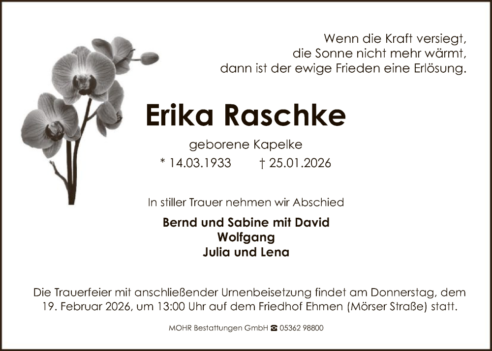  Traueranzeige für Erika Raschke vom 07.02.2026 aus IK