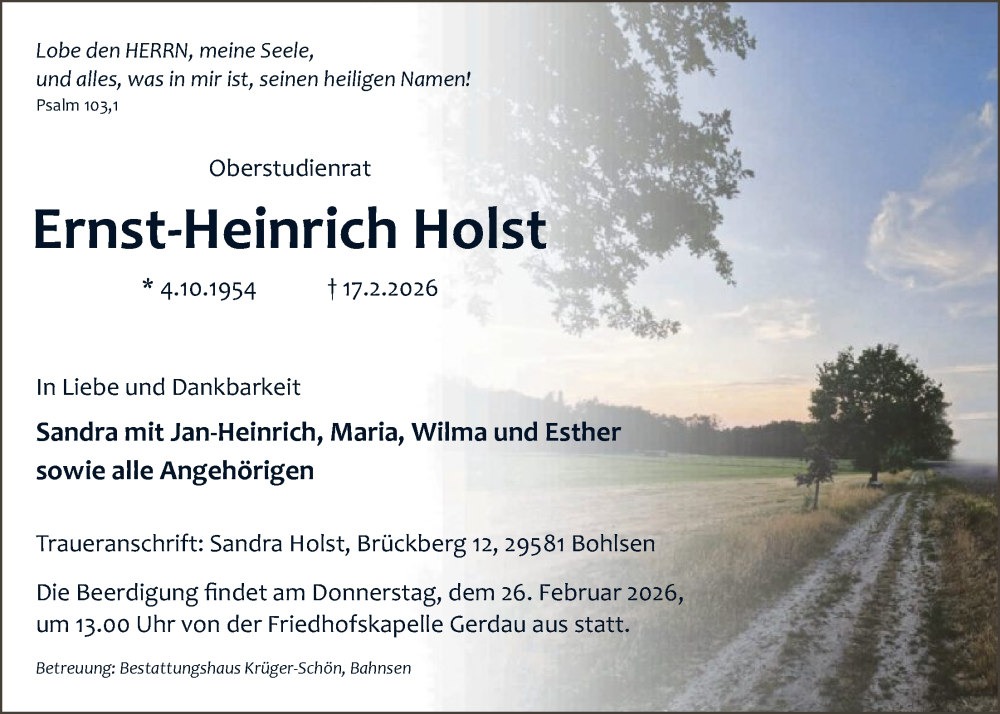  Traueranzeige für Ernst-Heinrich Holst vom 24.02.2026 aus AZ