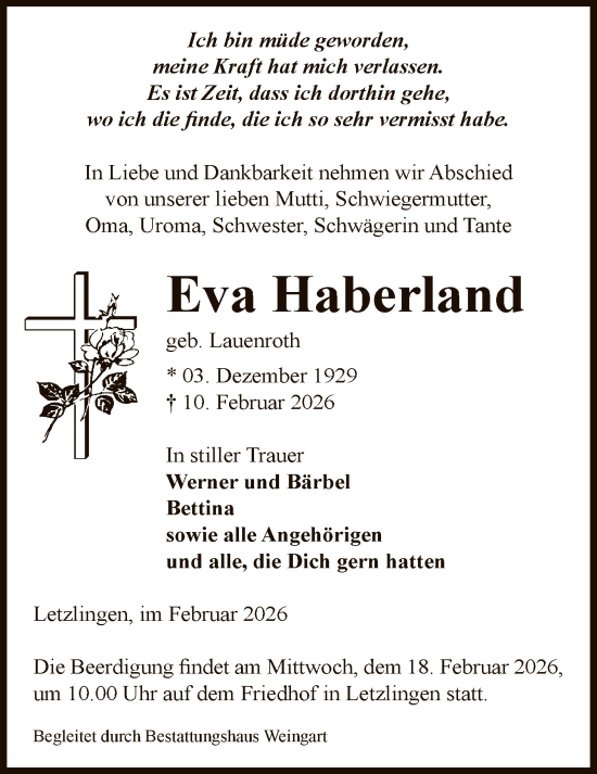 Traueranzeige von Eva Haberland von AMZ