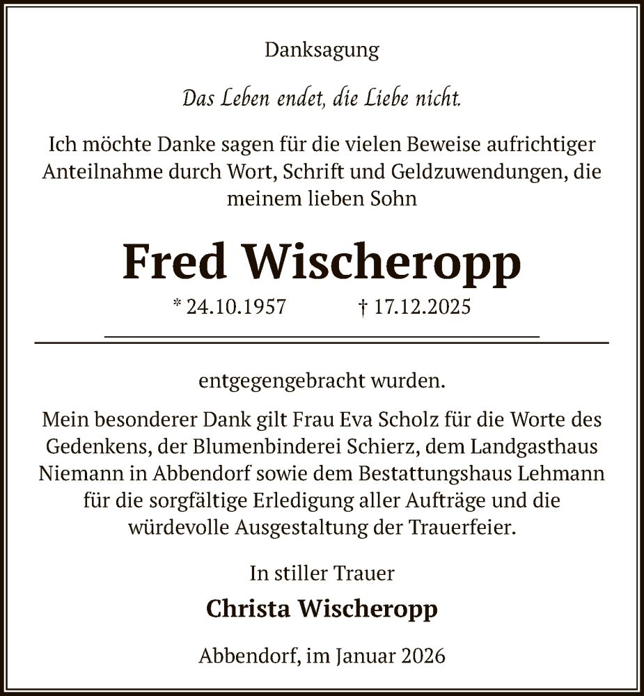  Traueranzeige für Fred Wischeropp vom 05.02.2026 aus AMZ