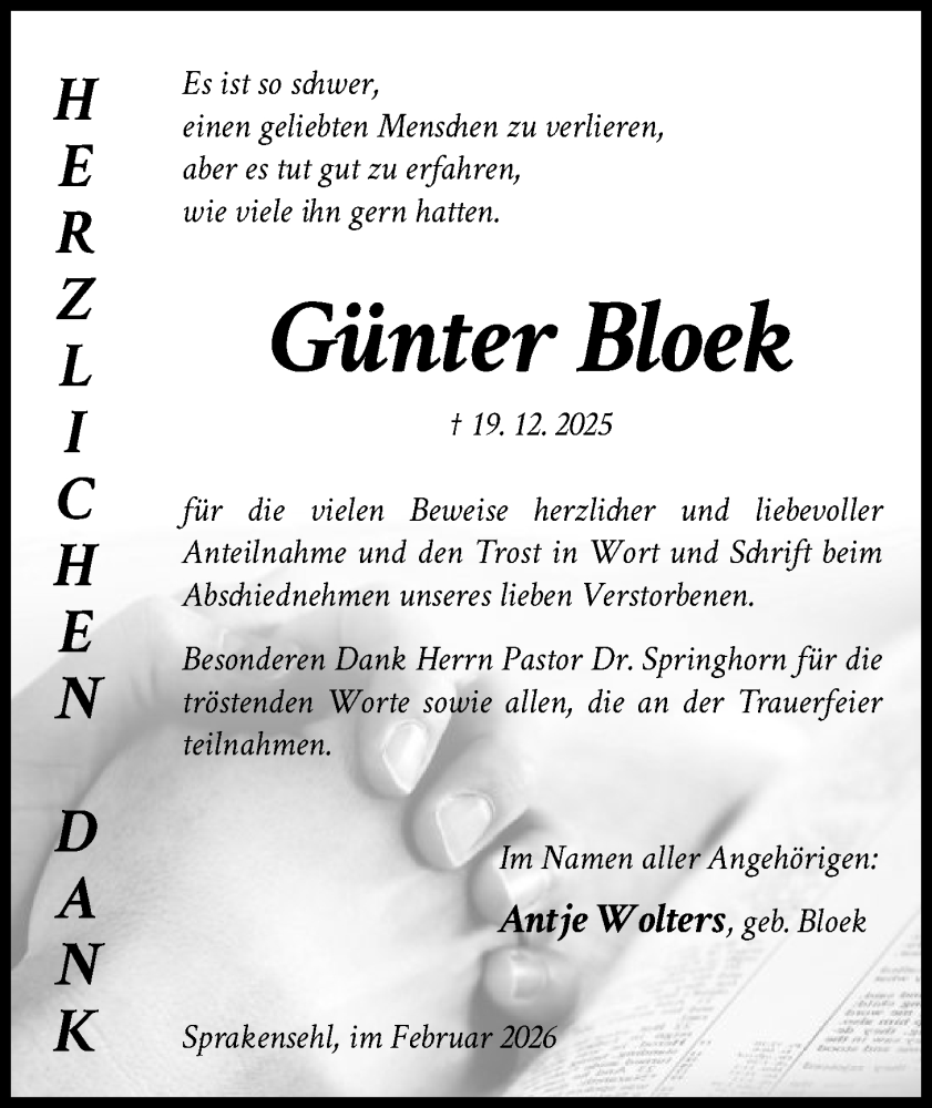  Traueranzeige für Günter Bloek vom 07.02.2026 aus IK