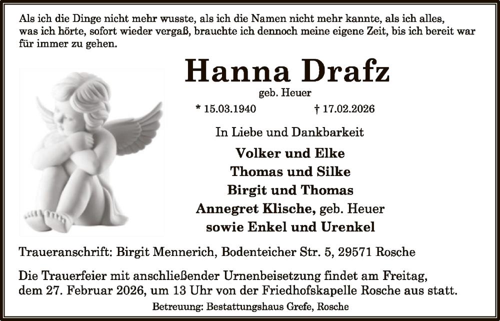  Traueranzeige für Hanna Drafz vom 21.02.2026 aus AZ
