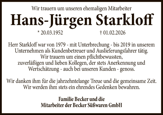 Traueranzeige von Hans-Jürgen Starkloff von AZ