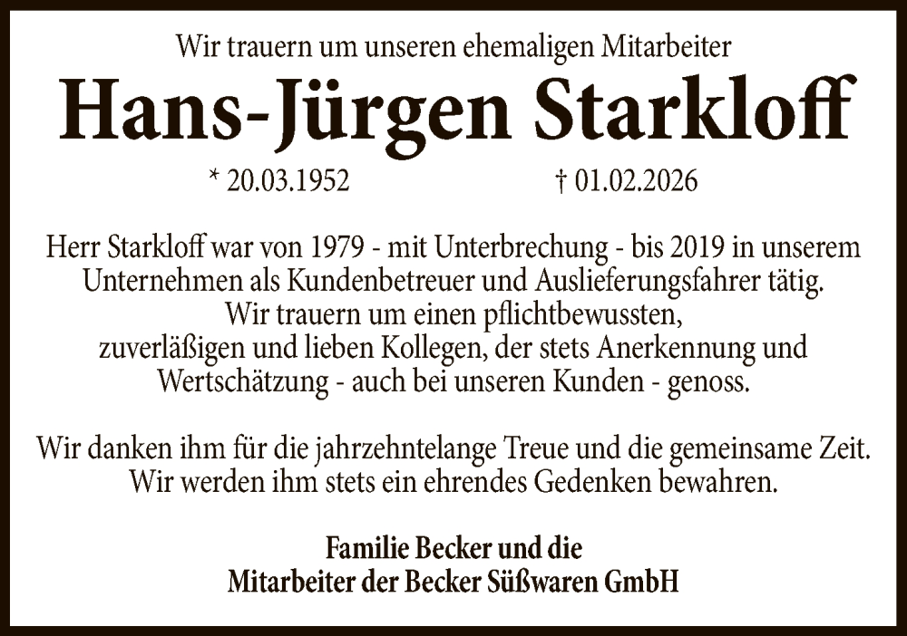  Traueranzeige für Hans-Jürgen Starkloff vom 21.02.2026 aus AZ