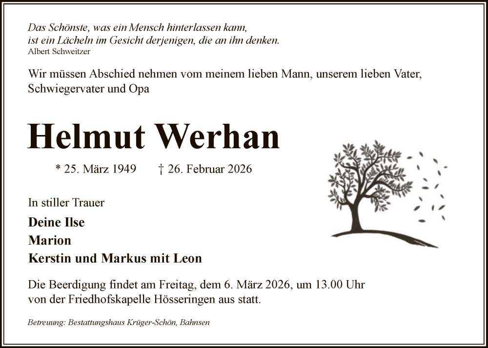  Traueranzeige für Helmut Werhan vom 28.02.2026 aus AZ