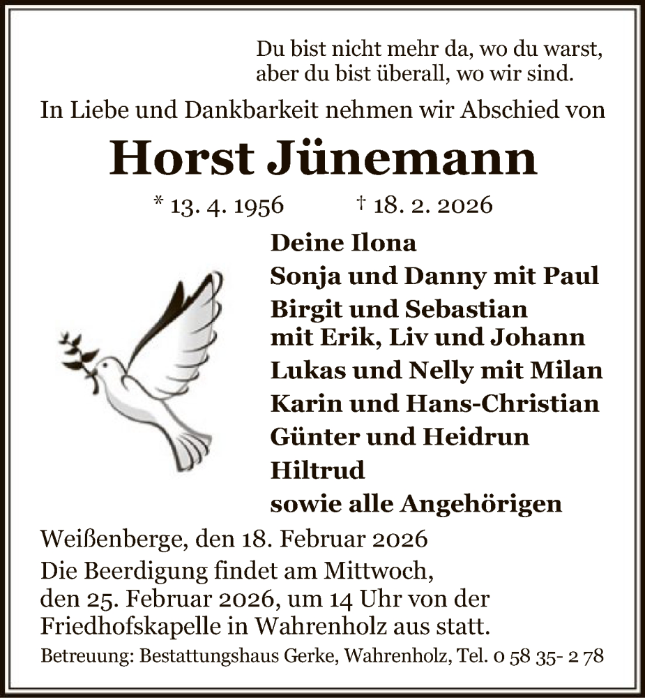  Traueranzeige für Horst Jünemann vom 21.02.2026 aus IK