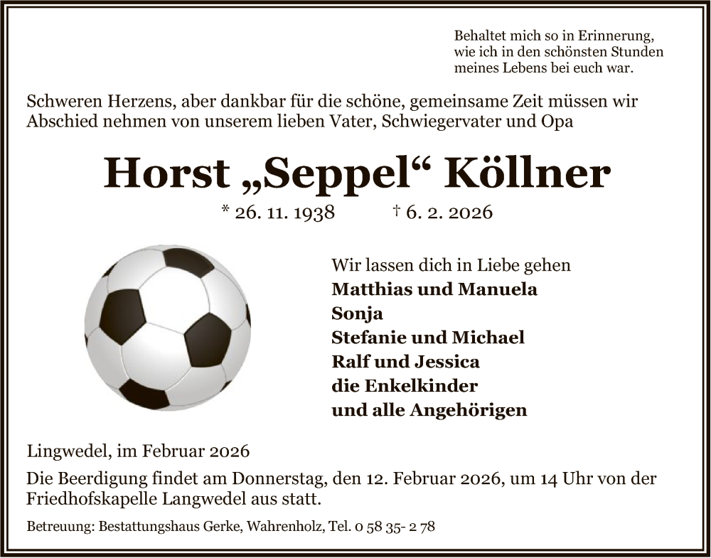  Traueranzeige für Horst Köllner vom 10.02.2026 aus IK