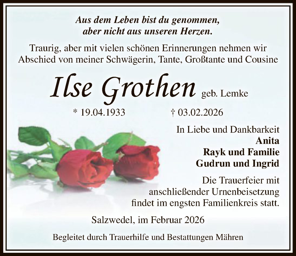  Traueranzeige für Ilse Grothen vom 07.02.2026 aus AMZ