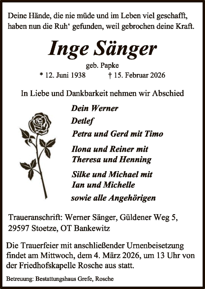  Traueranzeige für Inge Sänger vom 21.02.2026 aus AZ