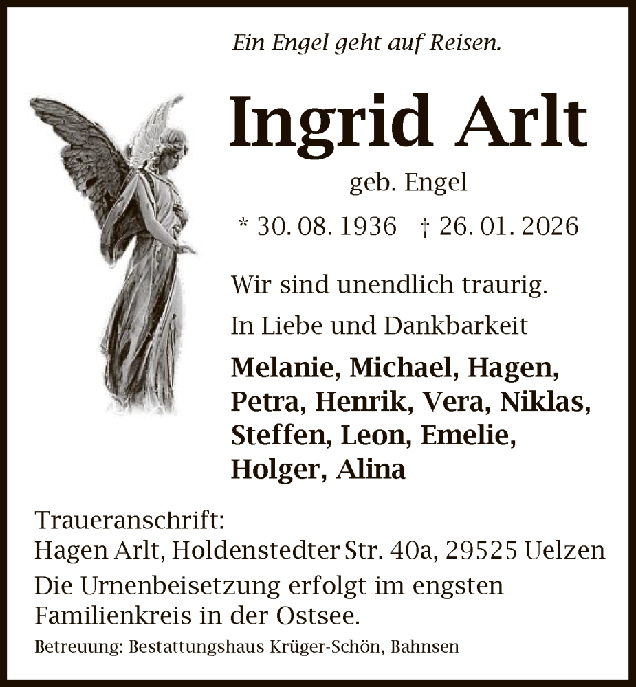  Traueranzeige für Ingrid Arlt vom 07.02.2026 aus AZ