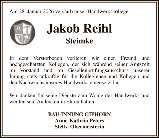 Traueranzeige von Jakob Reihl von IK