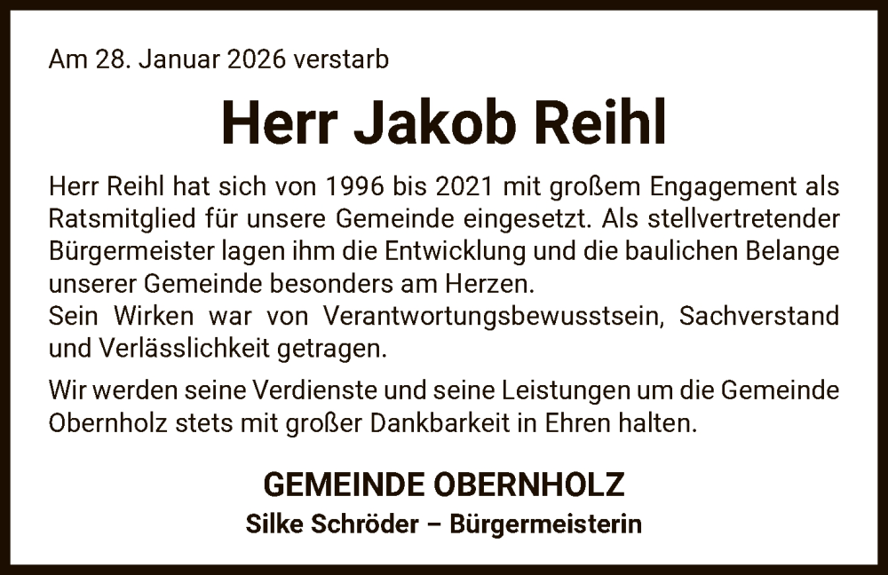  Traueranzeige für Jakob Reihl vom 06.02.2026 aus IK