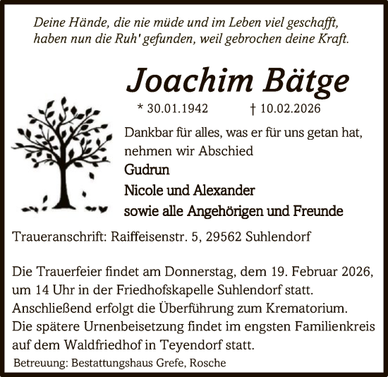 Traueranzeige von Joachim Bätge von AZ
