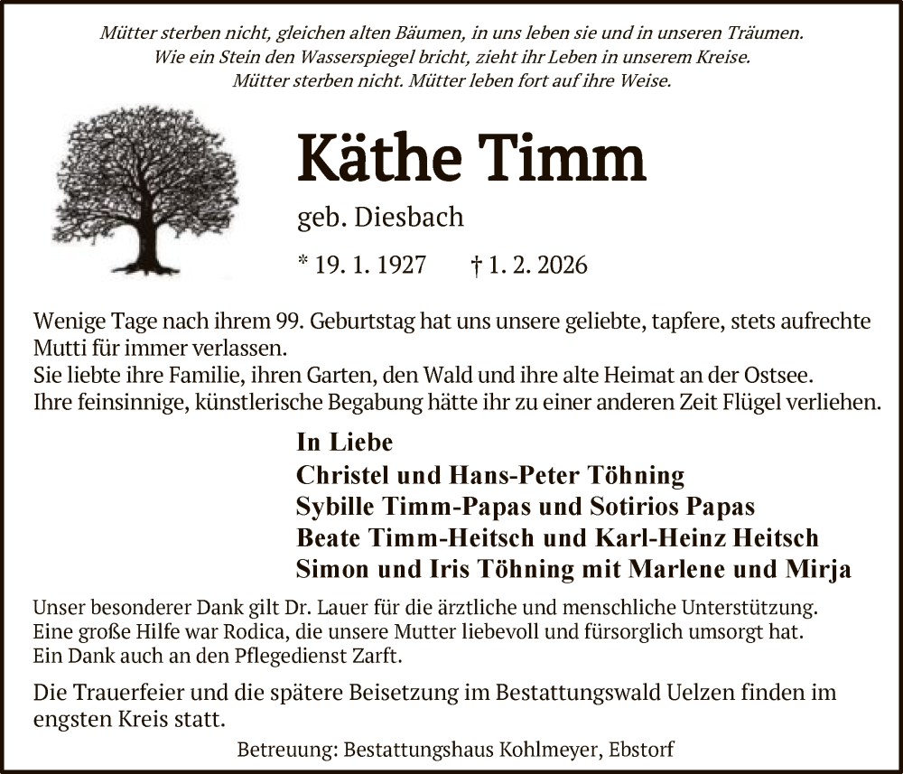  Traueranzeige für Käthe Timm vom 07.02.2026 aus AZ