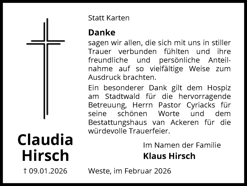  Traueranzeige für Klaus Hirsch vom 07.02.2026 aus AZ