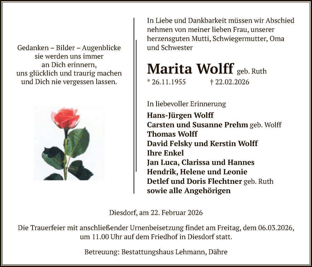  Traueranzeige für Marita Wolff vom 25.02.2026 aus AMZ