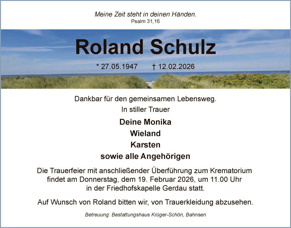  Traueranzeige für Roland Schulz vom 17.02.2026 aus AZ