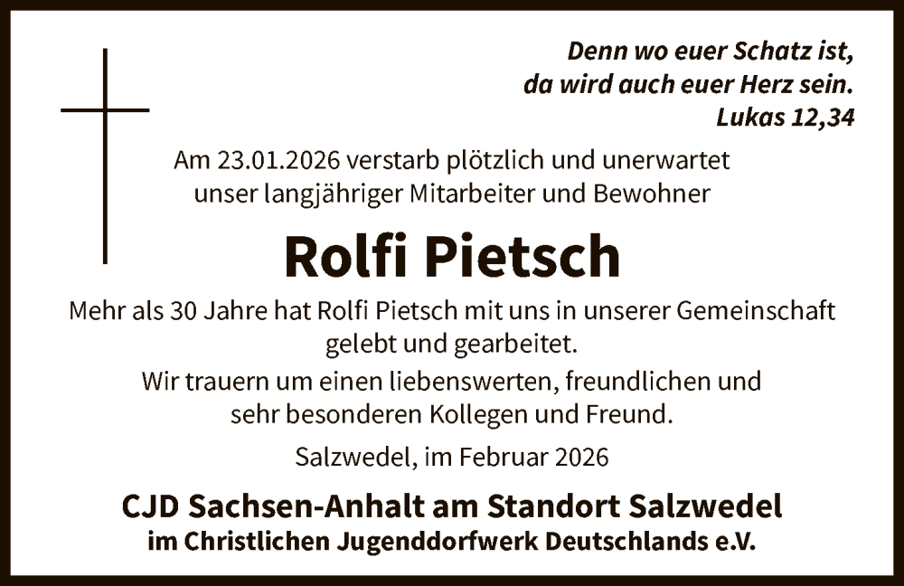  Traueranzeige für Rolfi Pietsch vom 07.02.2026 aus AMZ