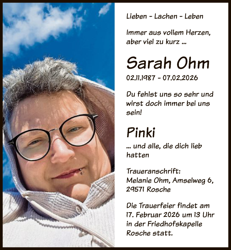  Traueranzeige für Sarah Ohm vom 14.02.2026 aus AZ