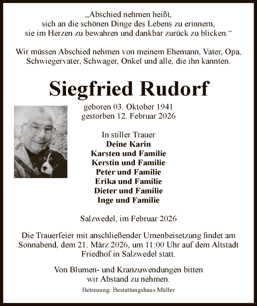  Traueranzeige für Siegfried Rudorf vom 17.02.2026 aus AMZ