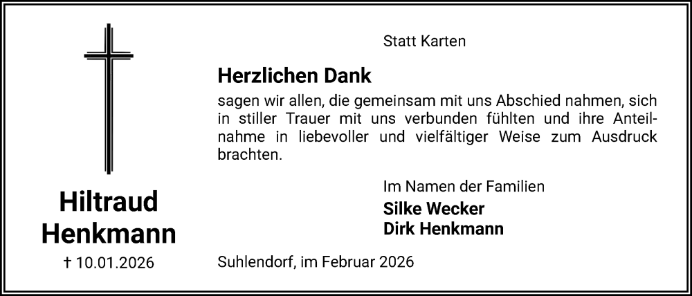  Traueranzeige für Hiltraud Henkmann vom 14.02.2026 aus AZ