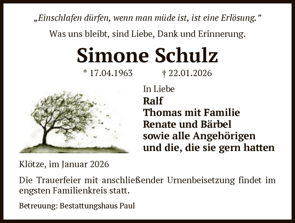  Traueranzeige für Simone Schulz vom 04.02.2026 aus AMZ