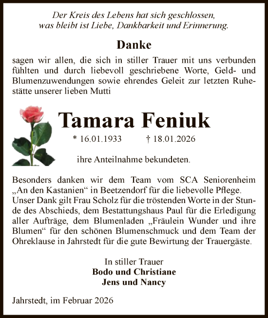 Traueranzeige von Tamara Feniuk von AMZ
